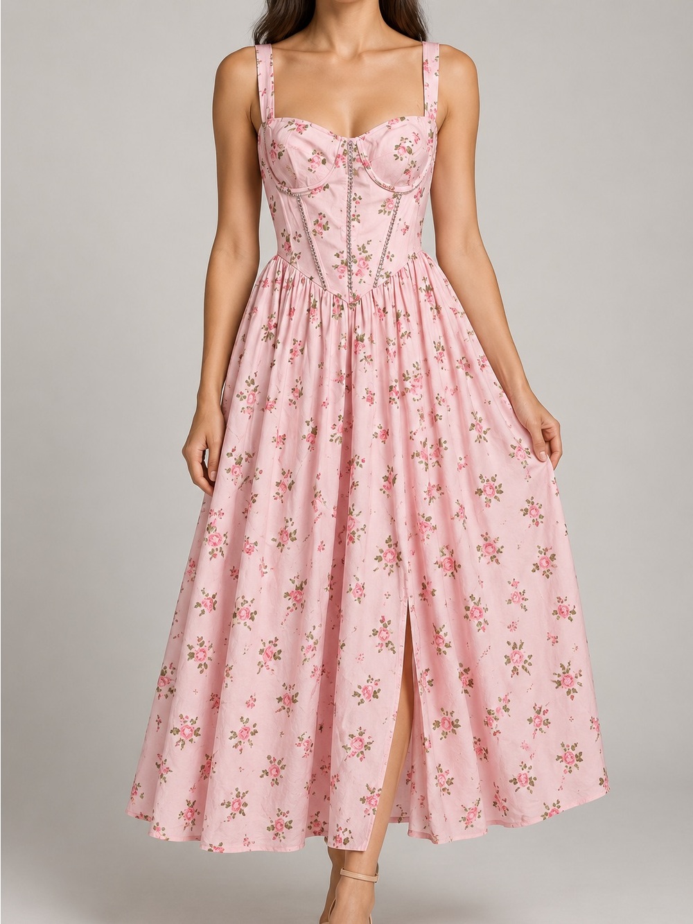KUTUMAI Womens Corset Midi Dress Pink Floral Flowy Slit Party Wedding Guest XS